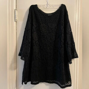 Isaac Mizrahi Live Black Floral Patterned Lace Top Blouse Fringe Hem Size 2X